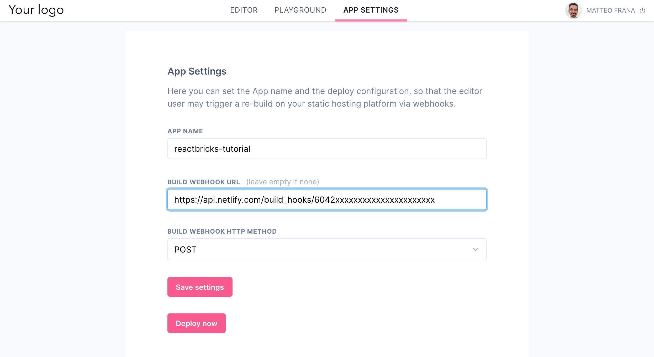 Save deploy hook to React bricks App settings