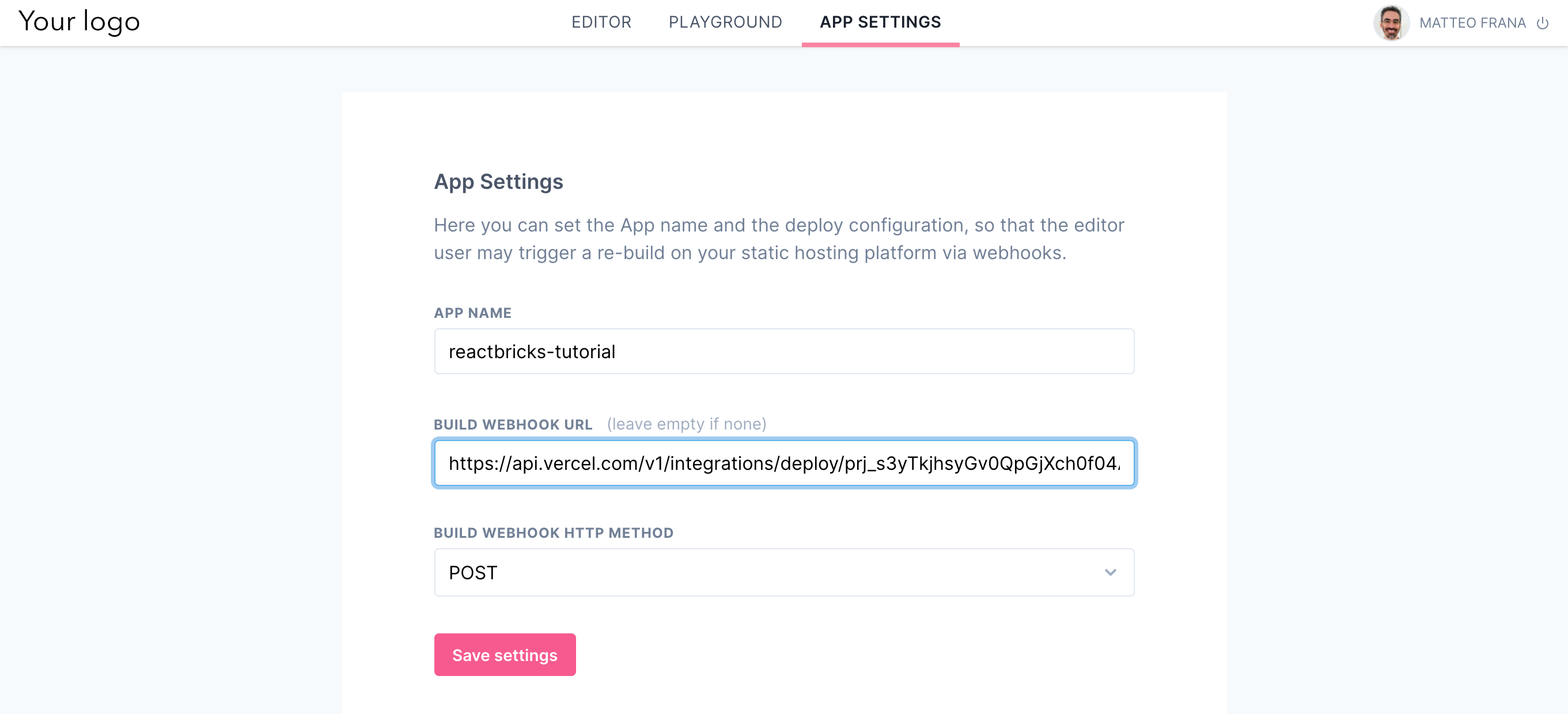 Save deploy hook to React bricks App settings